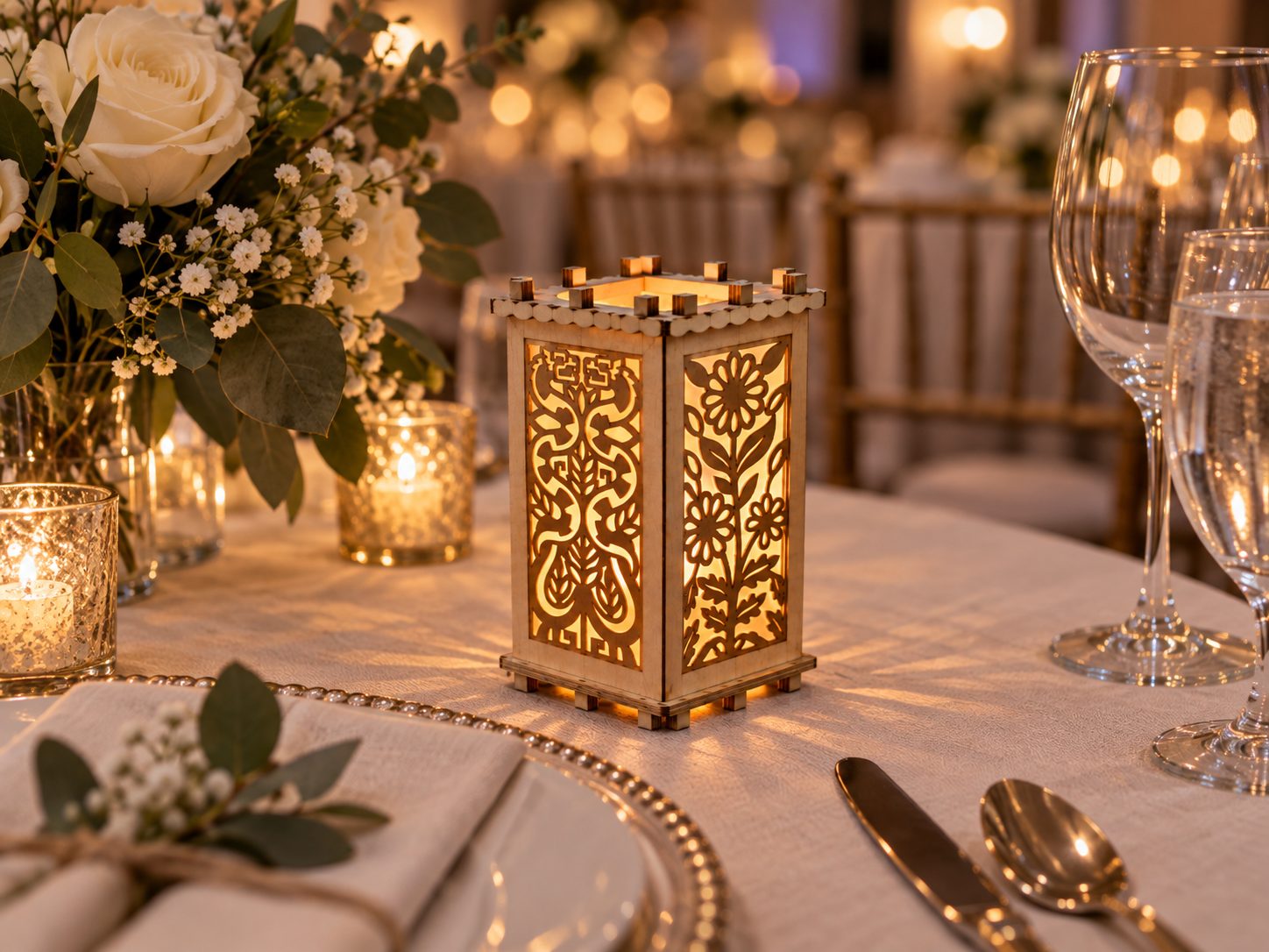 A lit lantern on a wedding table
